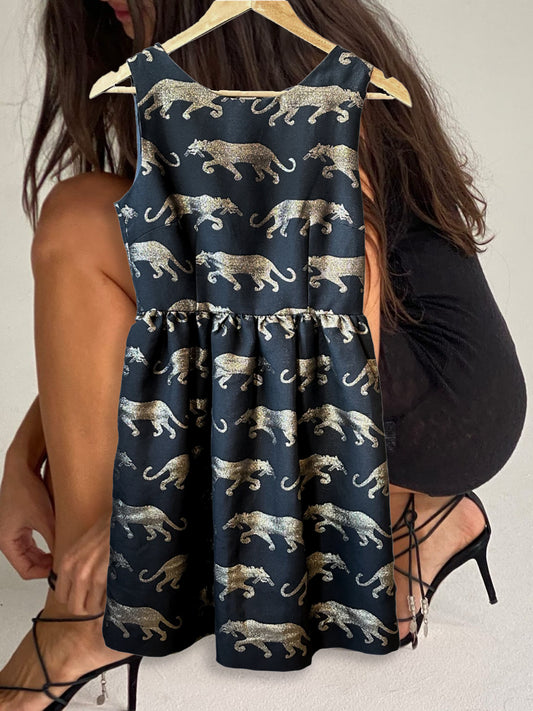 Vintage Dress Black Sleeveless Tigers 50725 size S